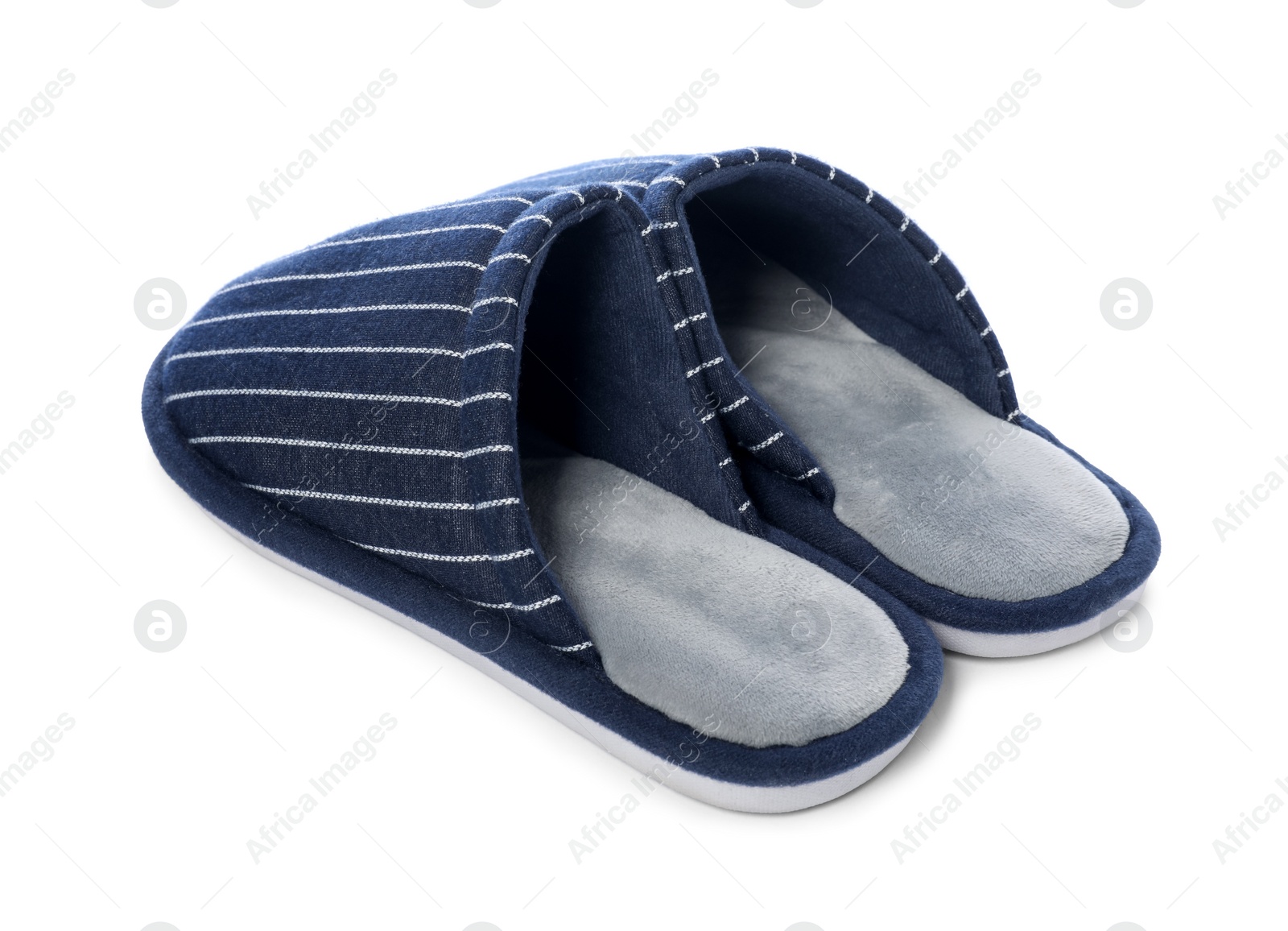 Photo of Pair of striped slippers isolated on white