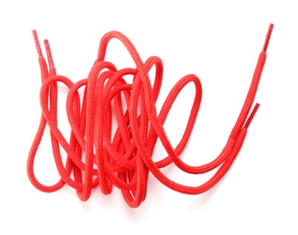 Photo of Red shoe laces isolated on white, top view