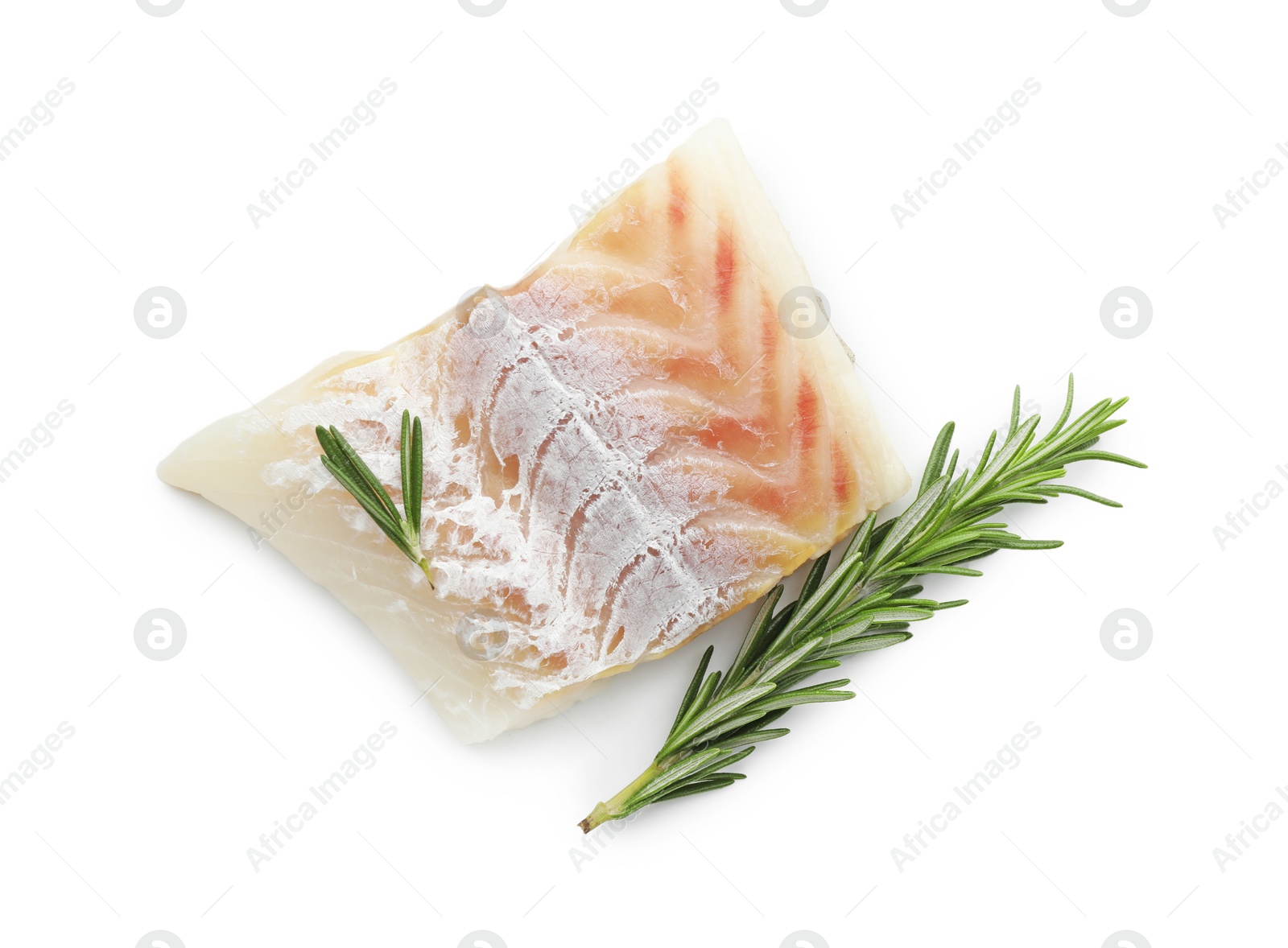 Photo of Piece of fresh raw cod with rosemary isolated on white, top view