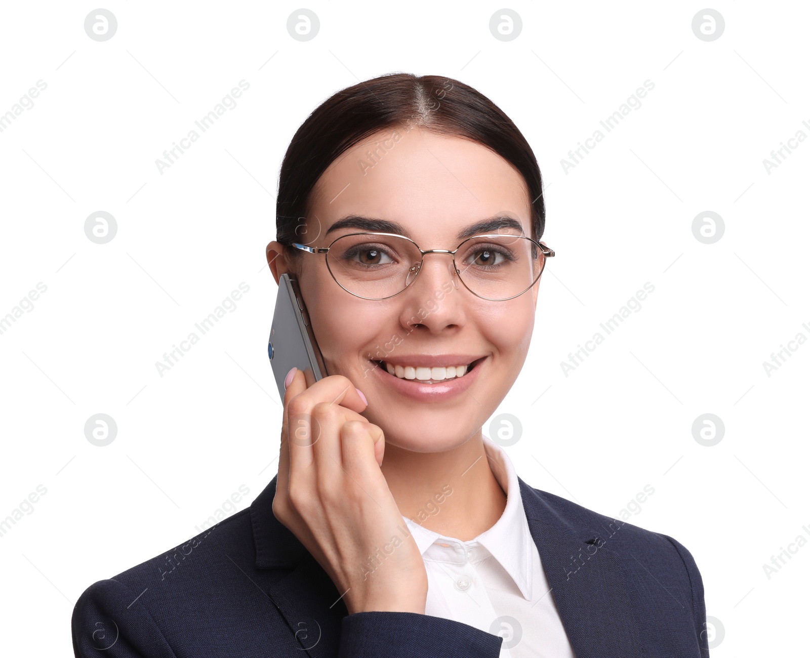 Photo of Young businesswoman talking on mobile phone against white background