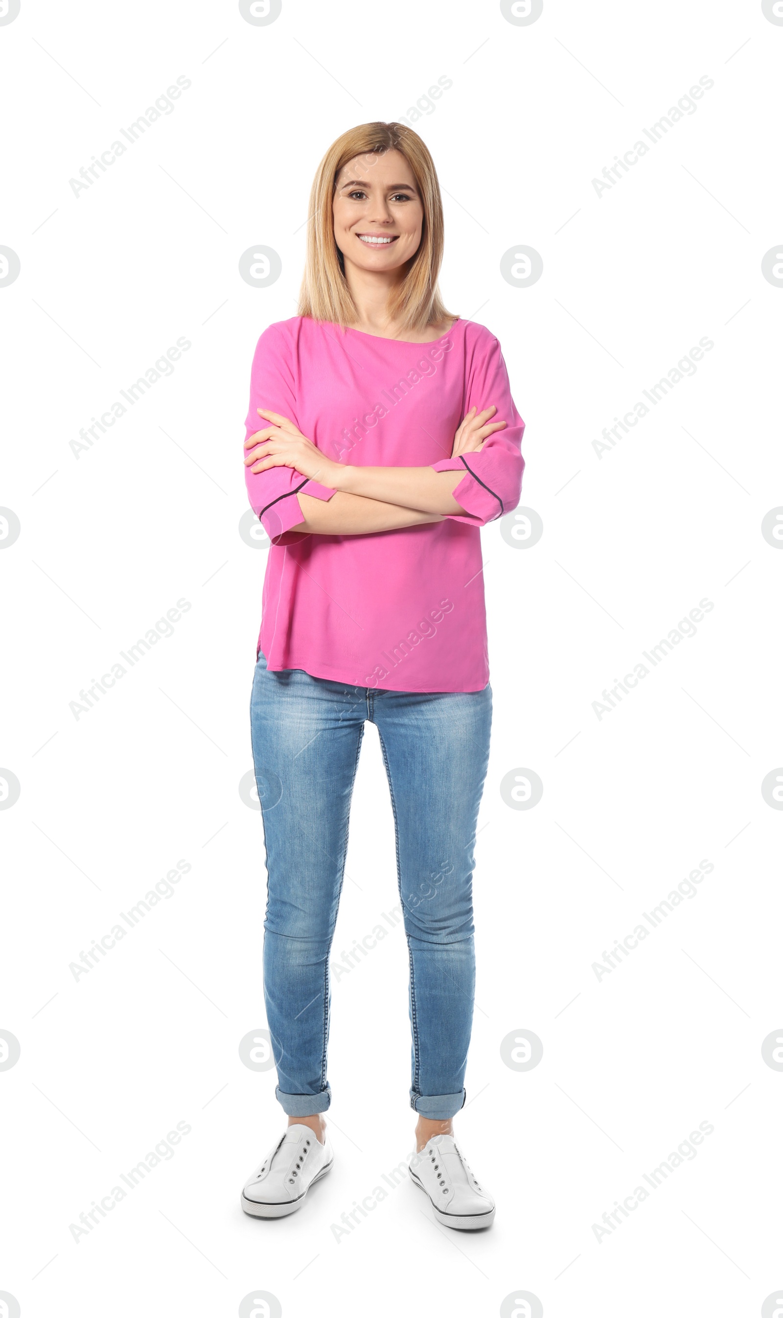 Photo of Full length portrait of beautiful woman posing on white background