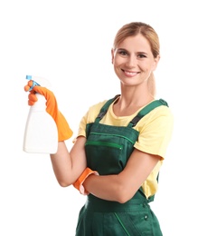 Photo of Female janitor with bottle of cleaning product on white background