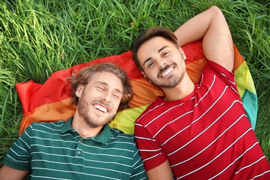 Photo of Happy gay couple lying on green grass, above view