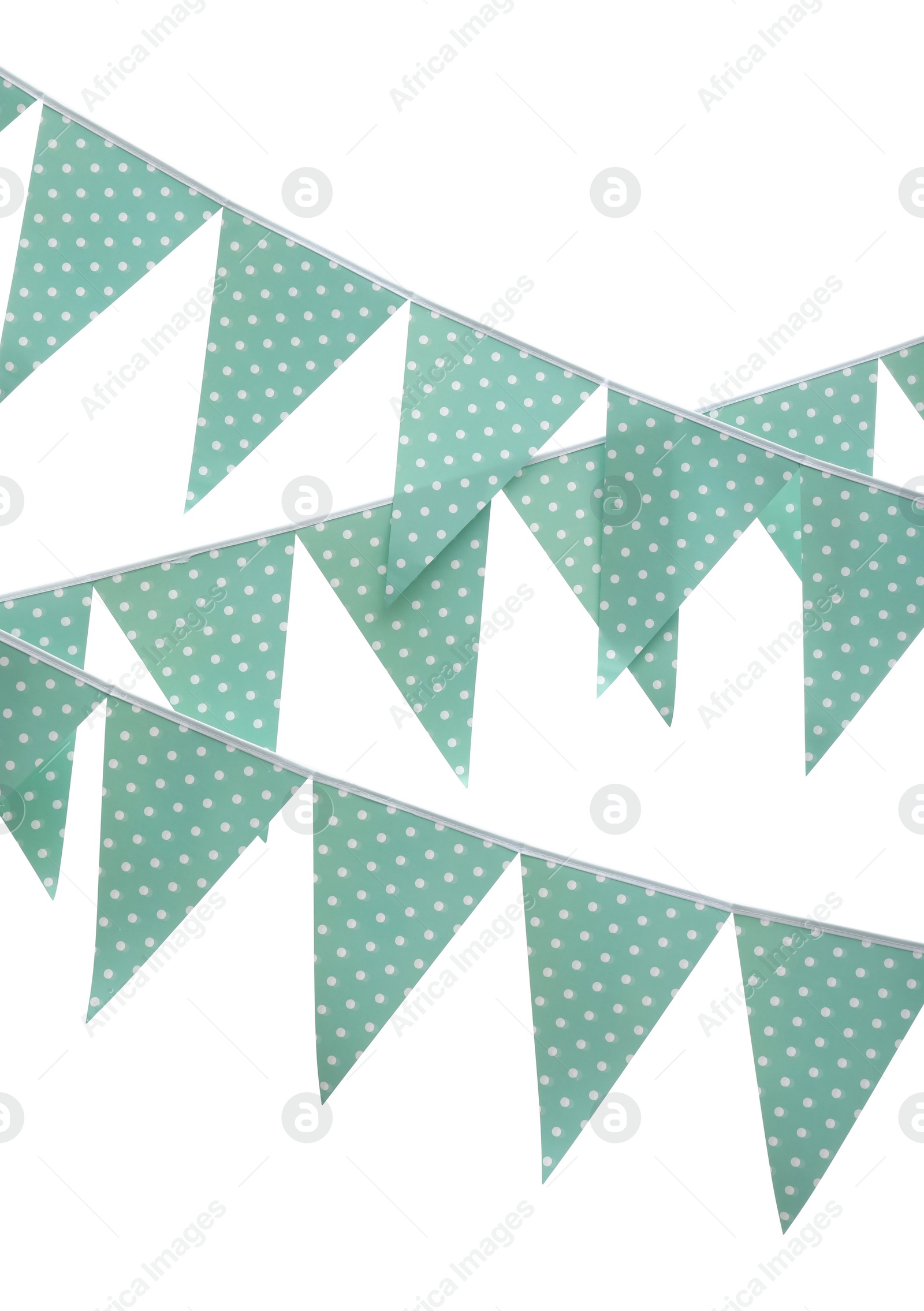 Photo of Rows of triangular bunting flags on white background. Festive decor