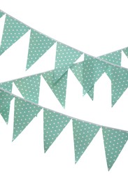 Rows of triangular bunting flags on white background. Festive decor