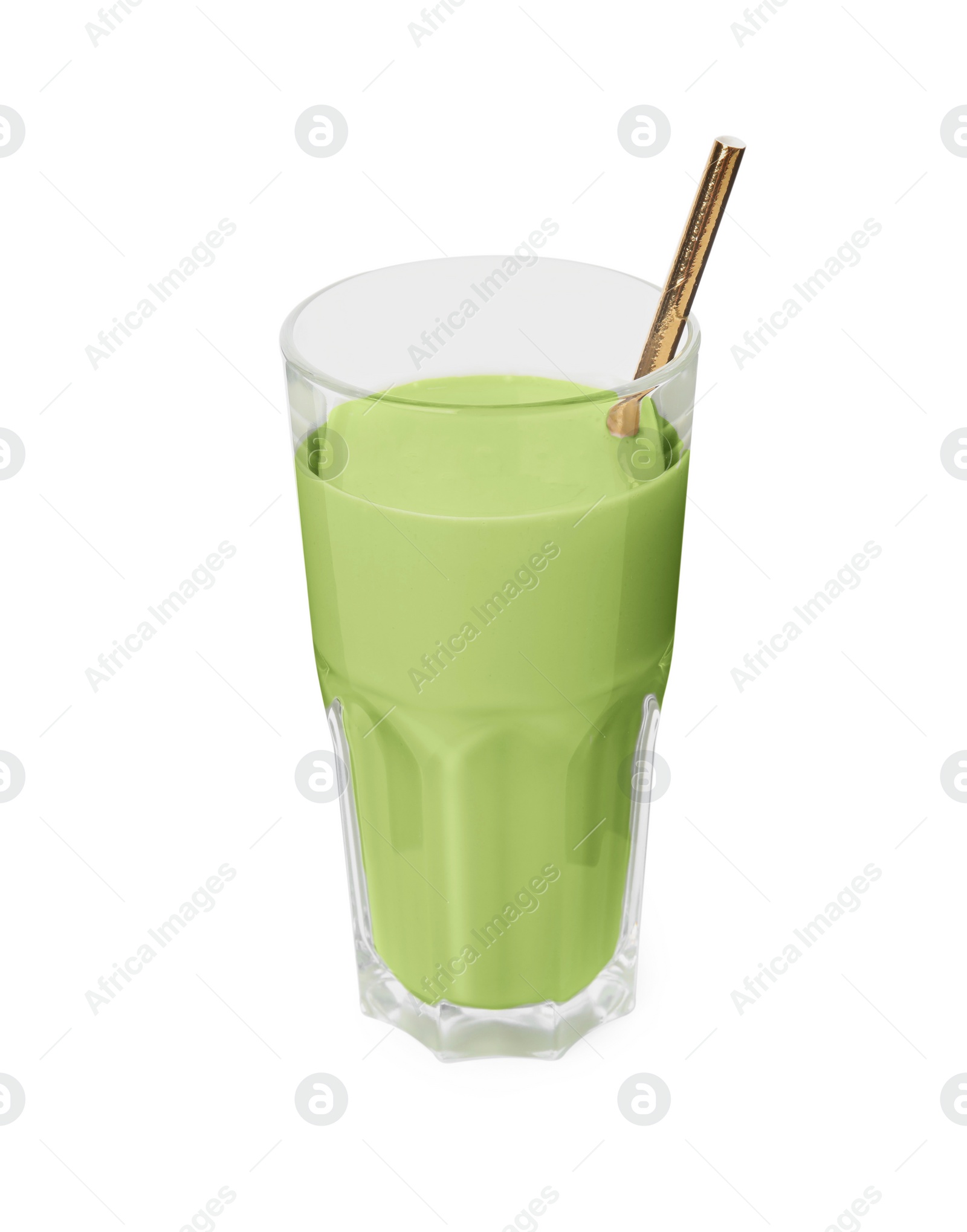 Photo of Glass of tasty matcha smoothie isolated on white