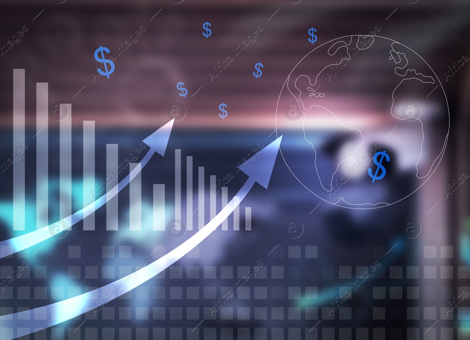 Illustration of Finance trading concept. Digital charts, dollar signs and world globe