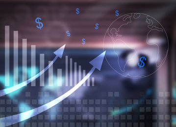 Illustration of Finance trading concept. Digital charts, dollar signs and world globe