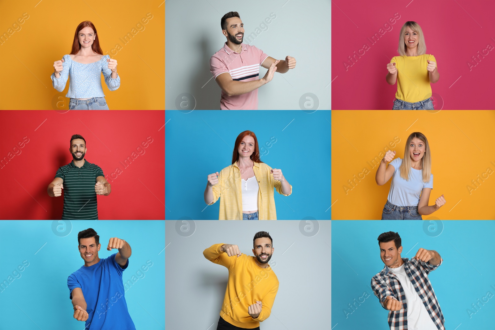 Image of People pretending to drive car on different color backgrounds, collage 