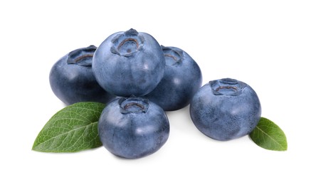 Pile of fresh ripe blueberries and leaves isolated on white