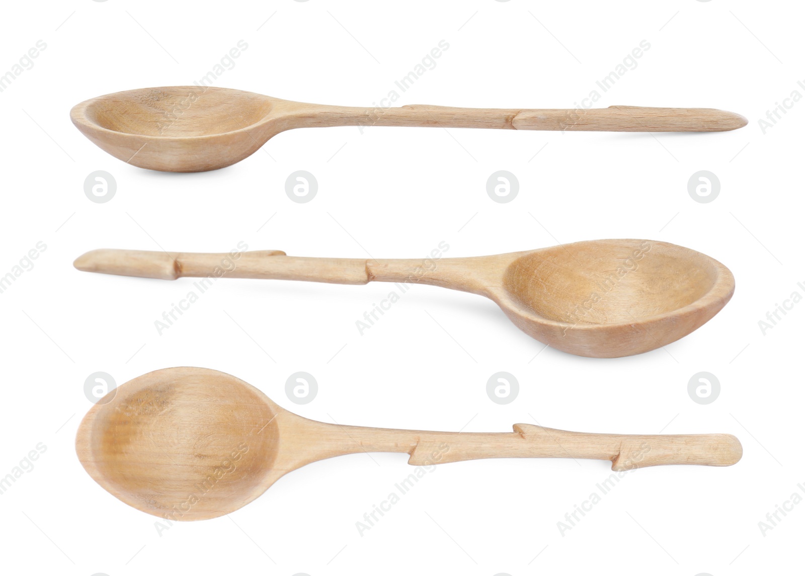 Image of Wooden spoons on white background, collage. Cooking utensil