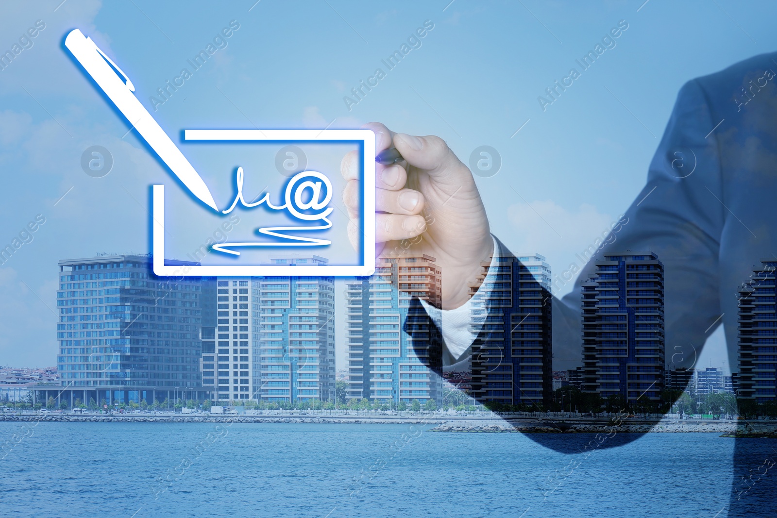 Image of Electronic signature concept. Double exposure of businessman with pen near virtual screen and cityscape