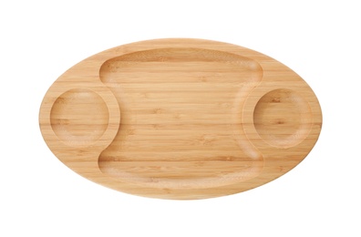 Photo of Tray made of bamboo on white background, top view