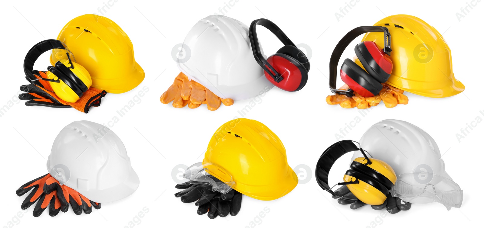 Image of Safety equipment, collection. Hard hats, gloves, protective headphones and goggles isolated on white