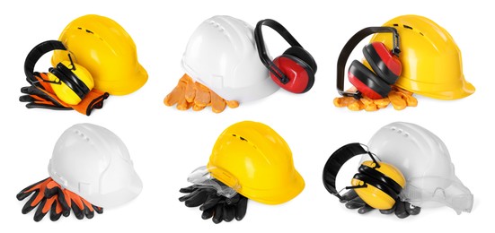 Image of Safety equipment, collection. Hard hats, gloves, protective headphones and goggles isolated on white