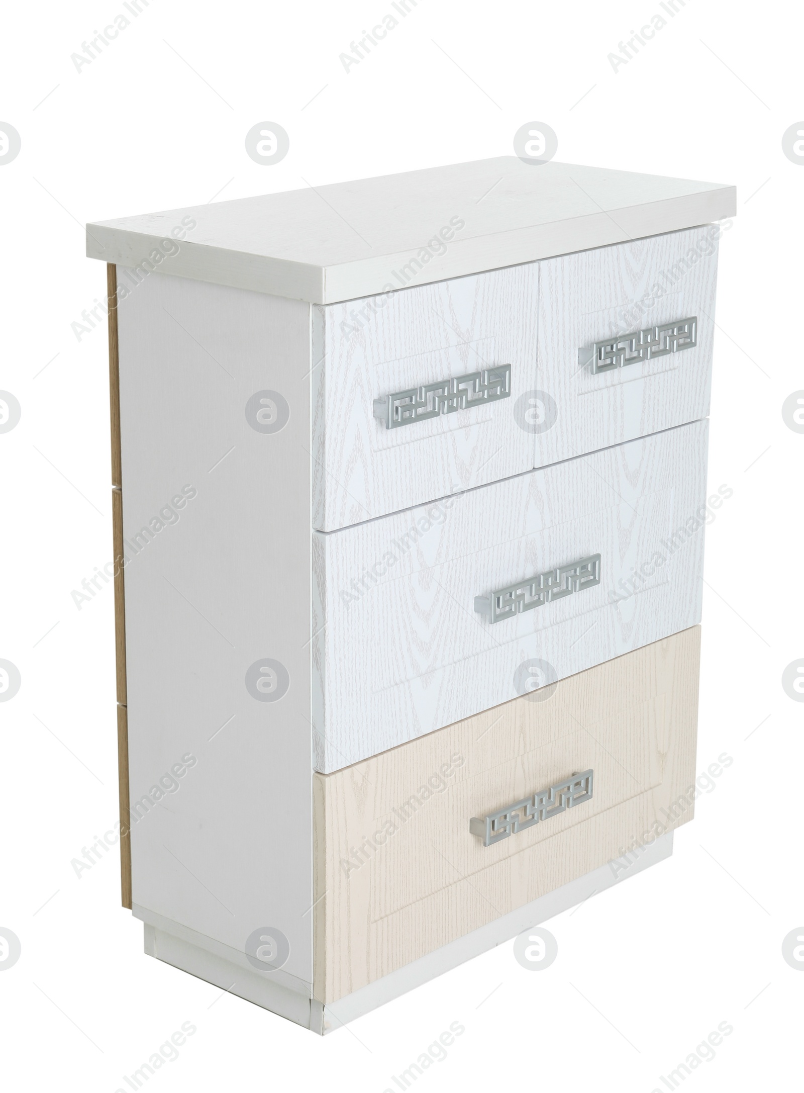 Photo of Stylish chest of drawers on white background. Furniture for wardrobe room