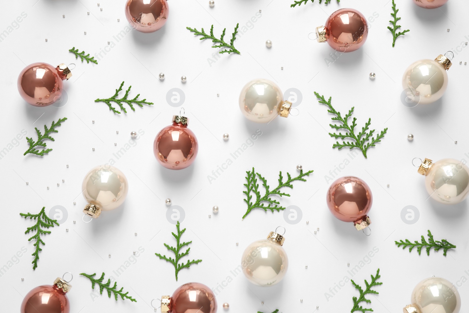 Photo of Flat lay composition with Christmas decorations on white background