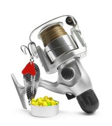 Photo of Different fishing baits and spinning reel with line isolated on white