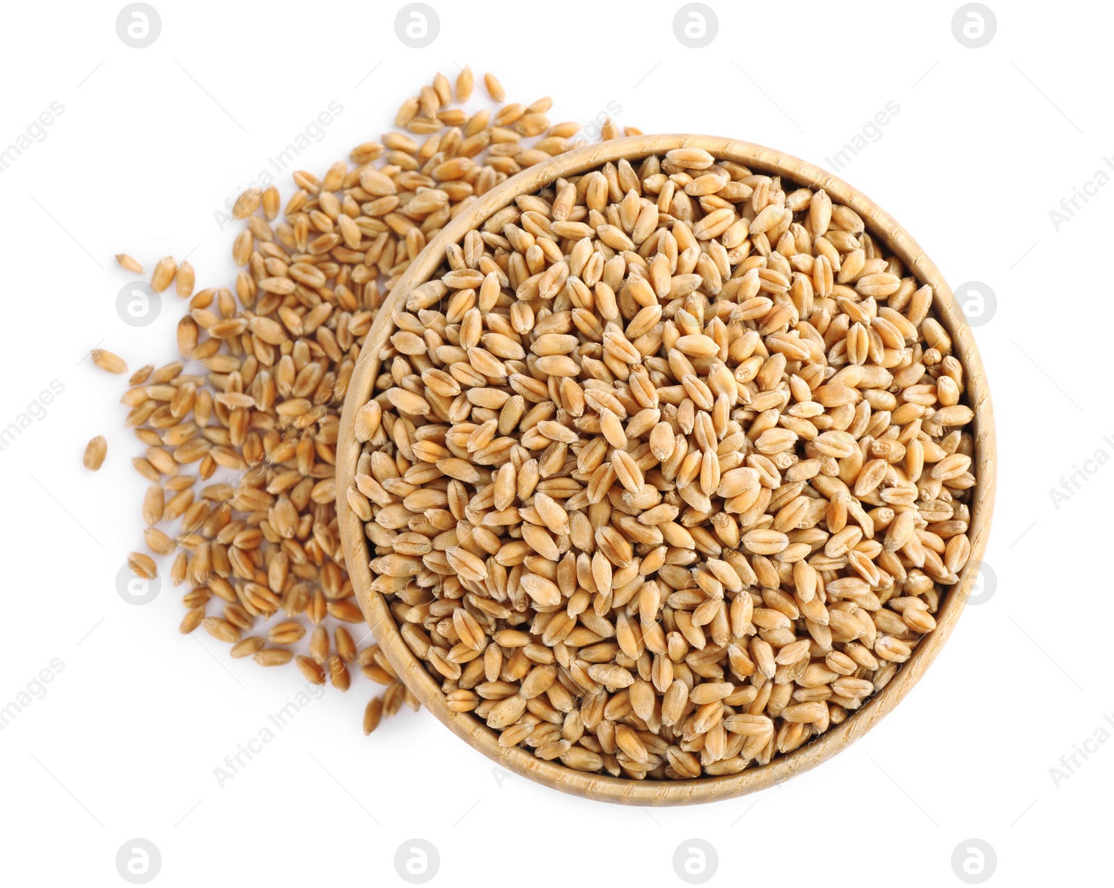 Photo of Wooden bowl with wheat grains on white background, top view