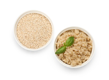 Photo of Composition with raw and cooked quinoa in bowls isolated on white, top view