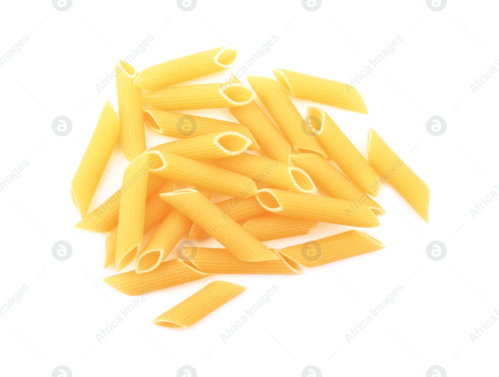 Photo of Pile of raw penne pasta isolated on white, top view