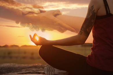 Image of Double exposure of woman meditating and hands reaching each other outdoors at sunset, closeup. Yoga helping in daily life: harmony of mind, body, and soul