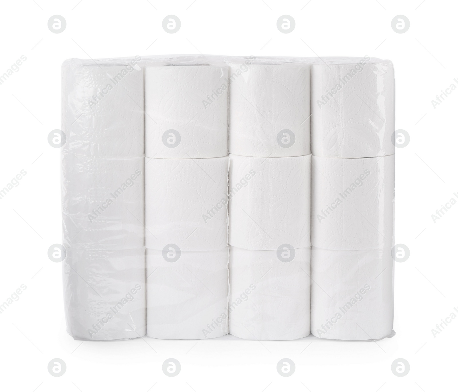 Photo of Package with many soft toilet paper rolls isolated on white