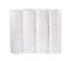 Photo of Package with many soft toilet paper rolls isolated on white