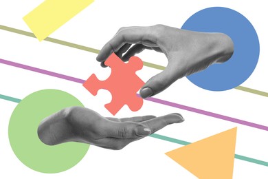 Hand giving piece of jigsaw puzzle to another hand on bright background. Creative art collage