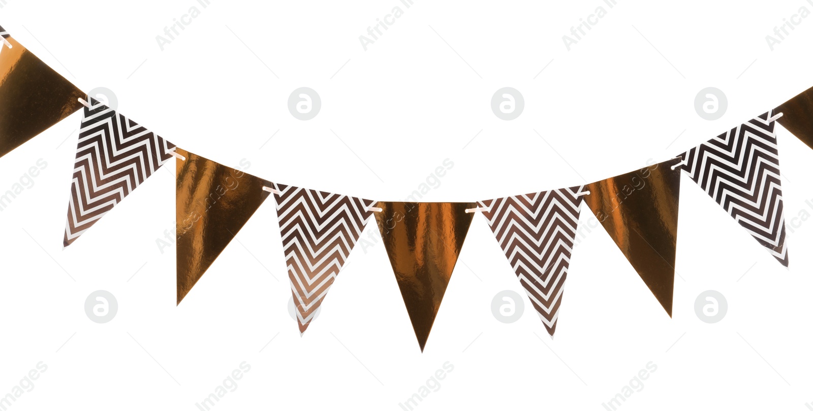 Photo of Triangular bunting flags on white background. Festive decor