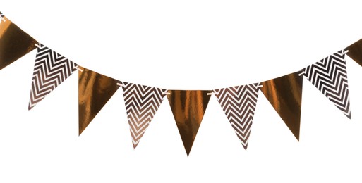 Triangular bunting flags on white background. Festive decor