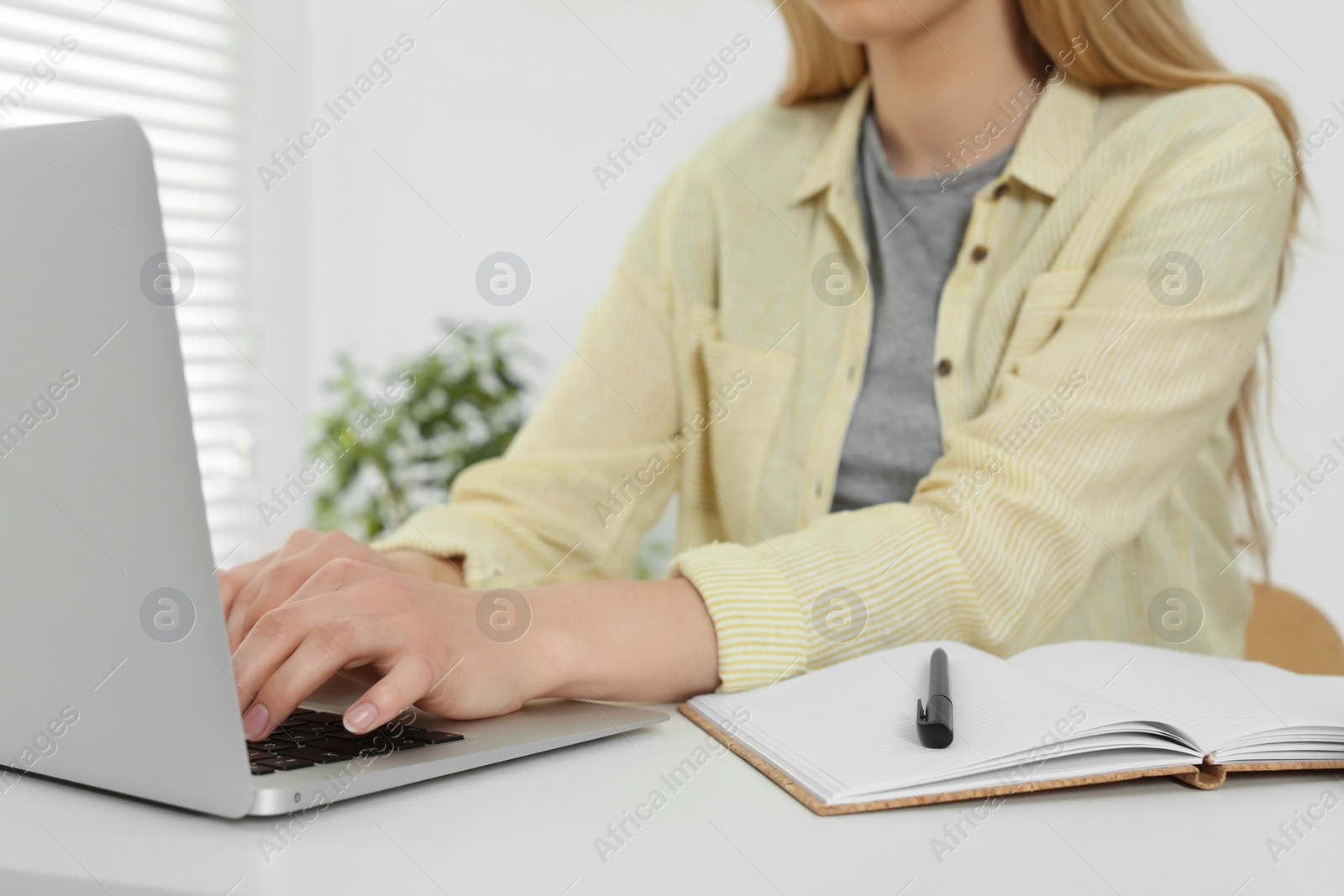 Photo of Home workplace. Woman typing on laptop at white desk indoors, closeup