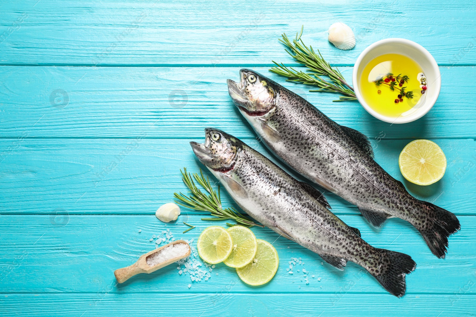 Photo of Flat lay composition with raw cutthroat trout fish on light blue wooden table, space for text