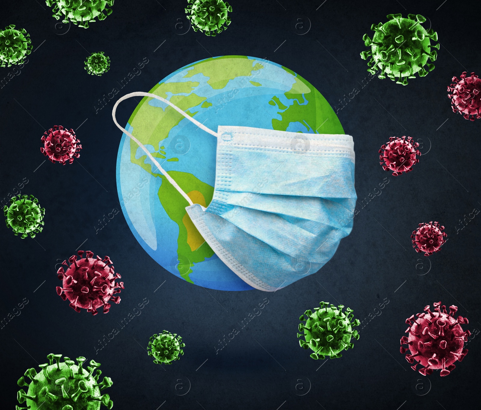 Image of Illustration of Earth with medical mask on black background. Coronavirus outbreak