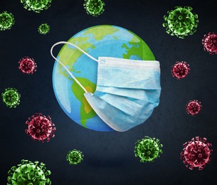 Illustration of Earth with medical mask on black background. Coronavirus outbreak