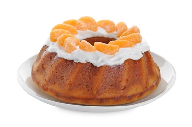 Photo of Homemade yogurt cake with tangerines and cream on white background