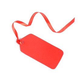 Photo of Blank red gift tag with satin ribbon on white background, top view