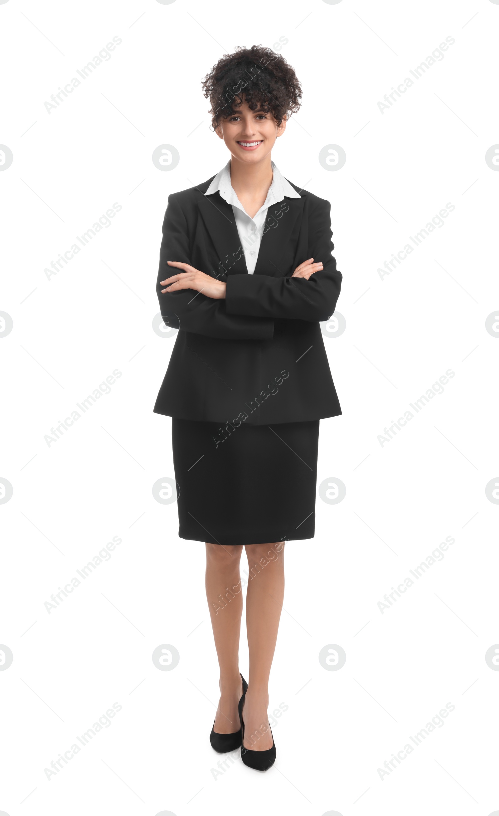 Photo of Beautiful young businesswoman in suit on white background