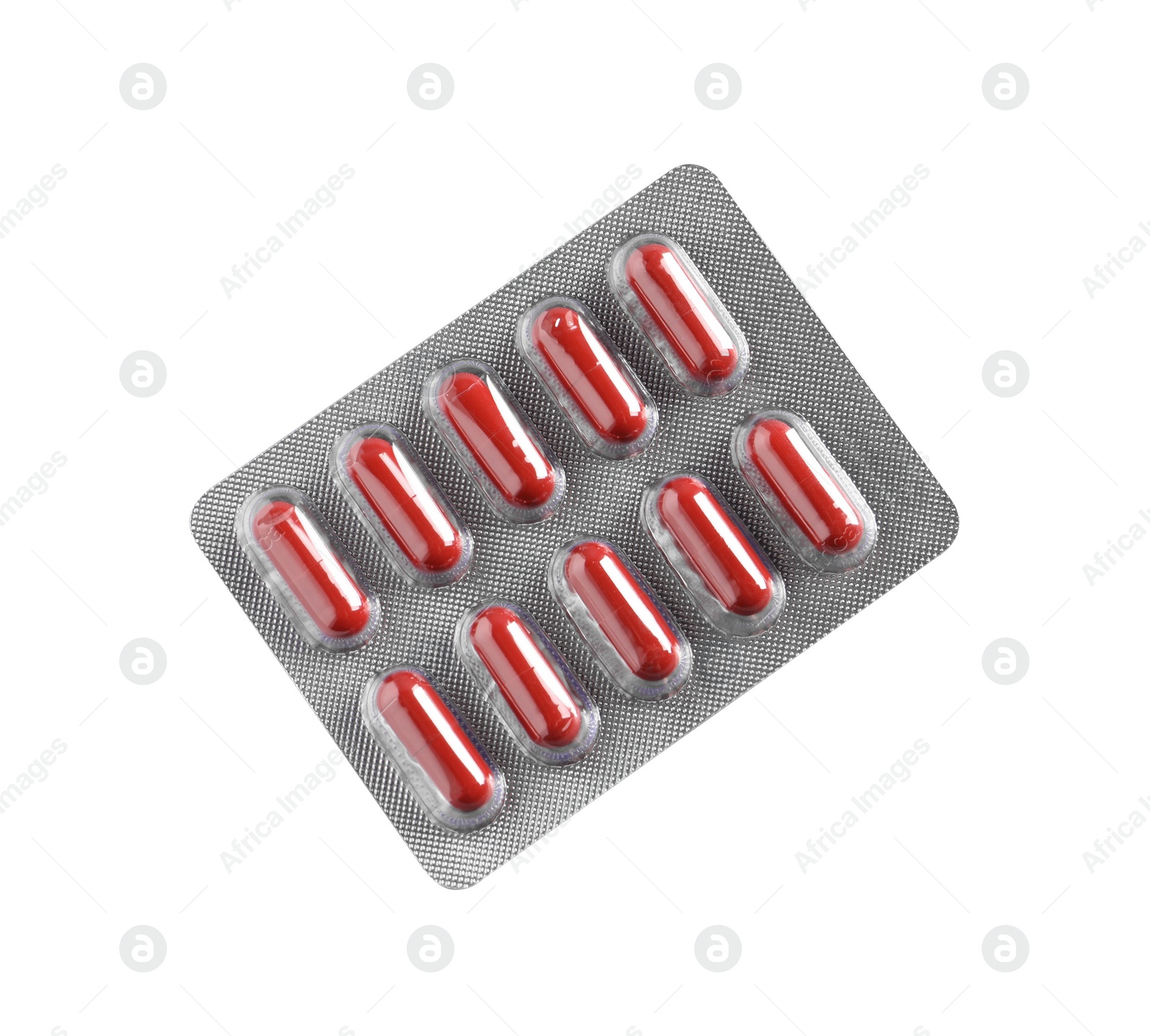 Photo of Blister of pills on white background, top view