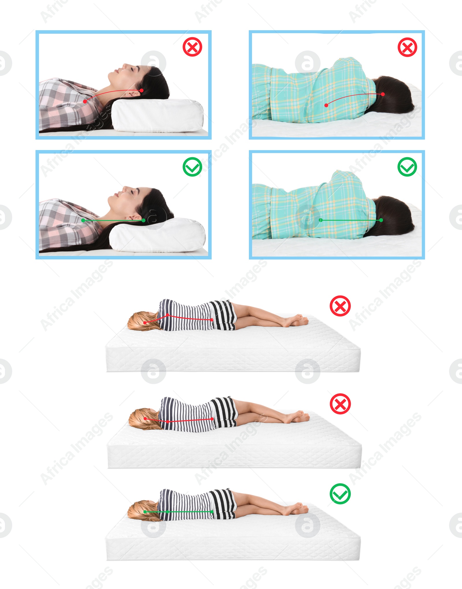 Image of Wrong and correct sleeping posture. Choose right pillow and mattress 