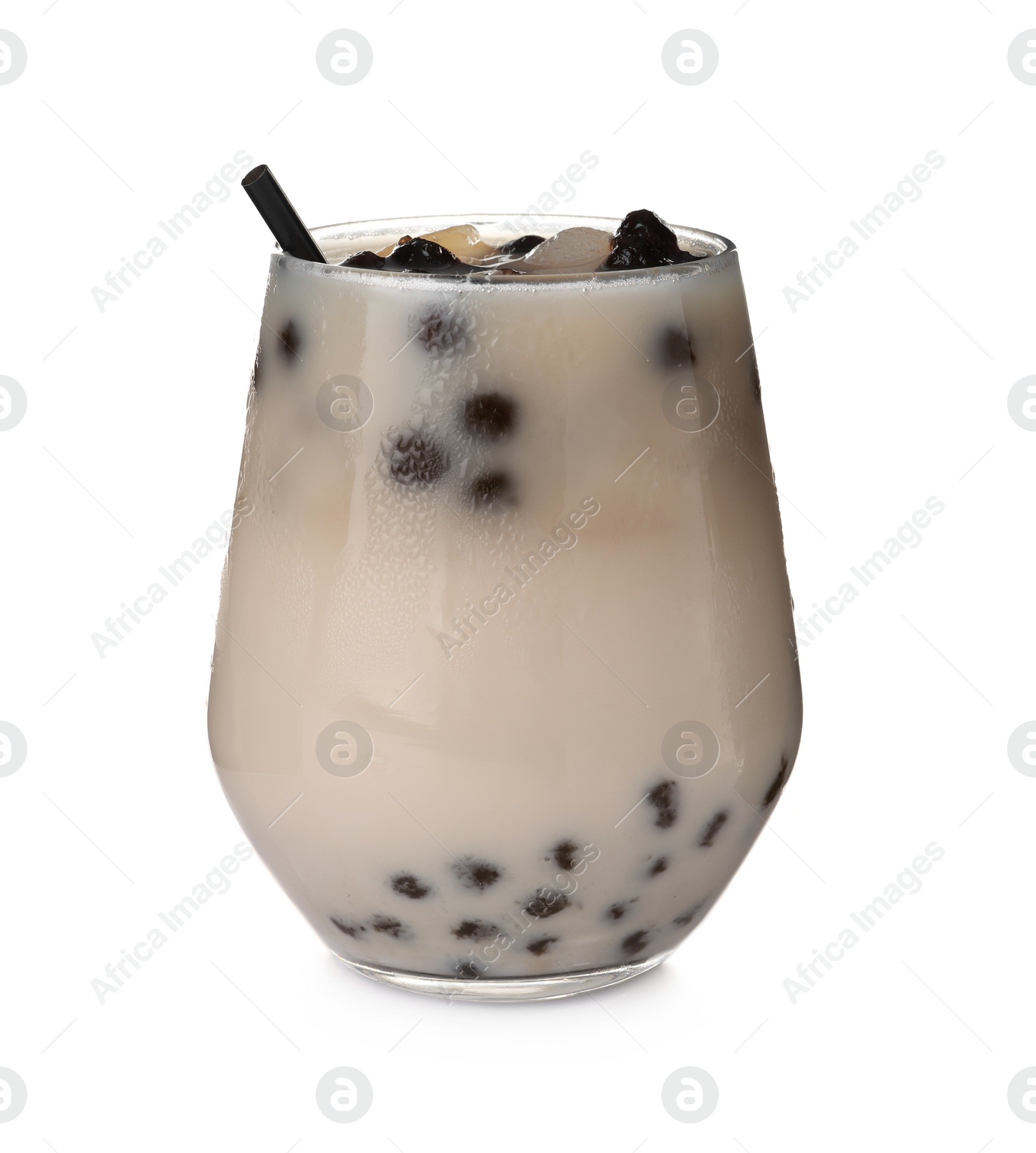 Photo of Bubble milk tea with tapioca balls in glass isolated on white