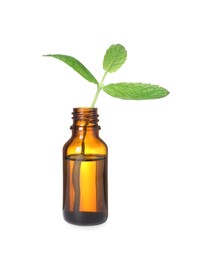 Photo of One bottle with essential oil and mint isolated on white