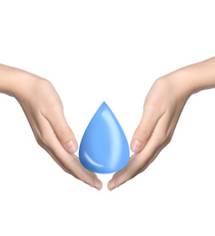 Image of Woman holding water drop on white background, closeup. Ecology protection