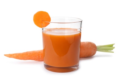 Photo of Carrot and glass of fresh juice on white background