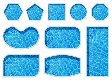 Image of Set with swimming pools of different shapes on white background, top view