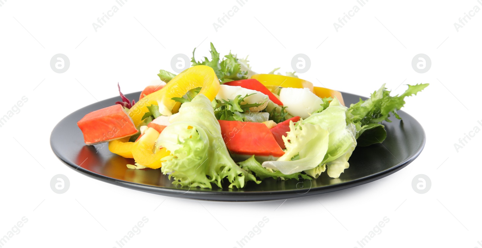 Photo of Salad with fresh crab sticks and lettuce on white background