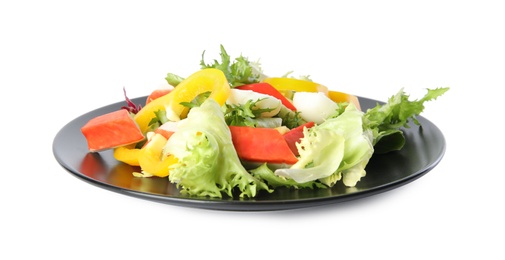 Photo of Salad with fresh crab sticks and lettuce on white background