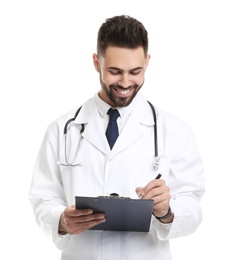 Young male doctor in uniform with clipboard isolated on white