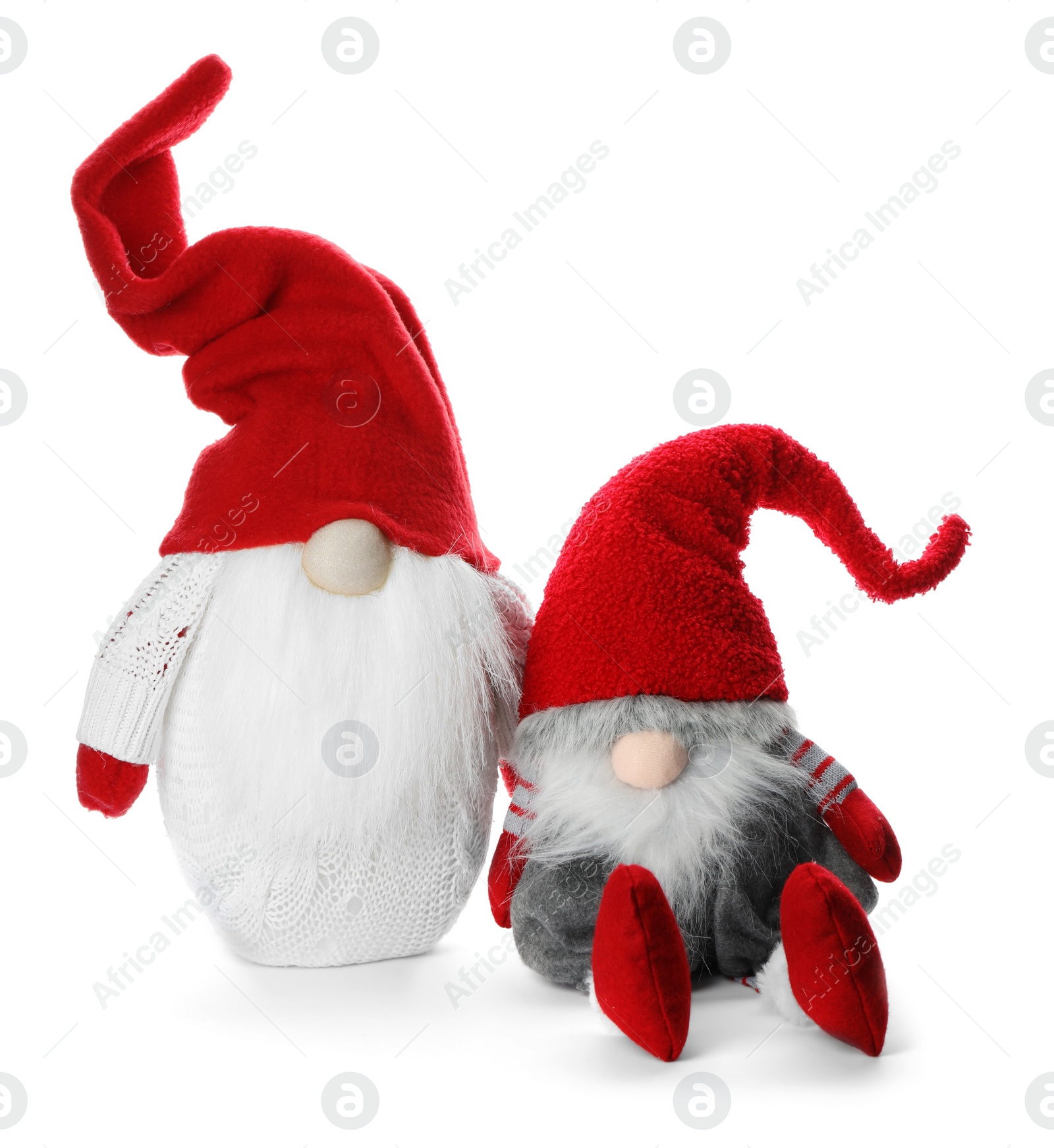 Photo of Funny Christmas gnomes on white background. Festive decor