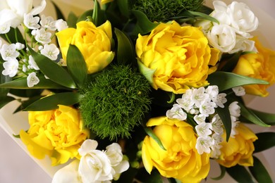 Photo of Beautiful bouquet with peony tulips, closeup view